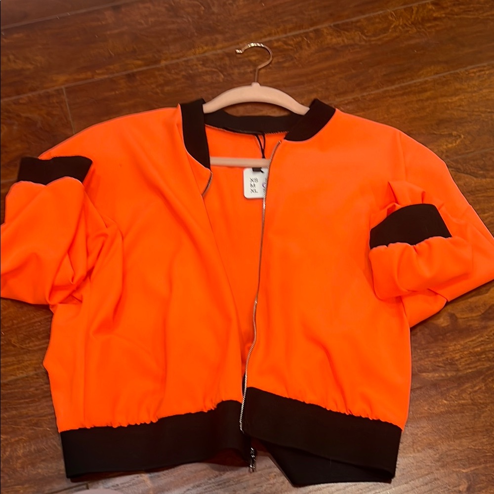 NWT Bright Orange Bomber Jacket with Black Accents